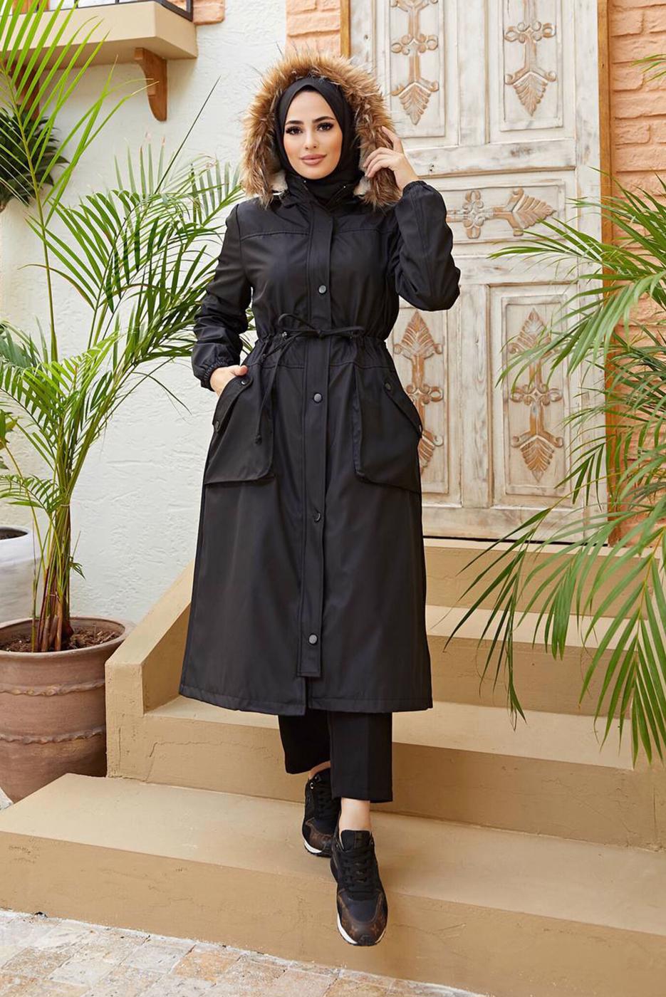 Vêtements hijab NOIR MANTEAU À CAPUCHE HIJAB 4472