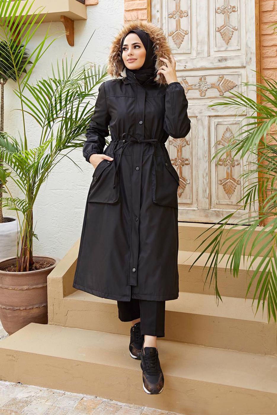 Vêtements hijab NOIR MANTEAU À CAPUCHE HIJAB 4472
