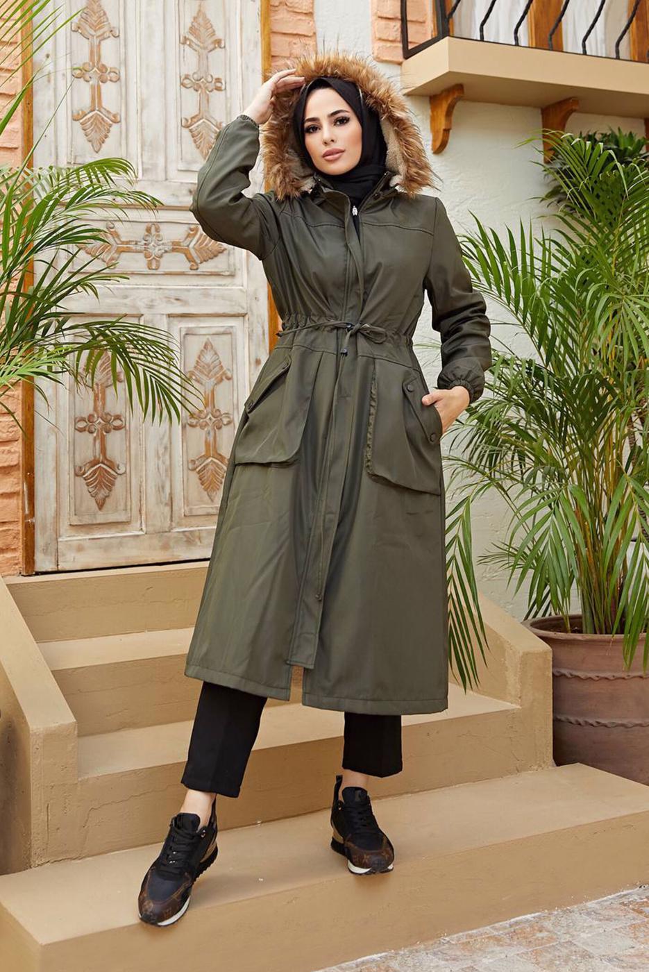 Hijab clothing KHAKI TIE DETAIL HOODED COAT 4472 