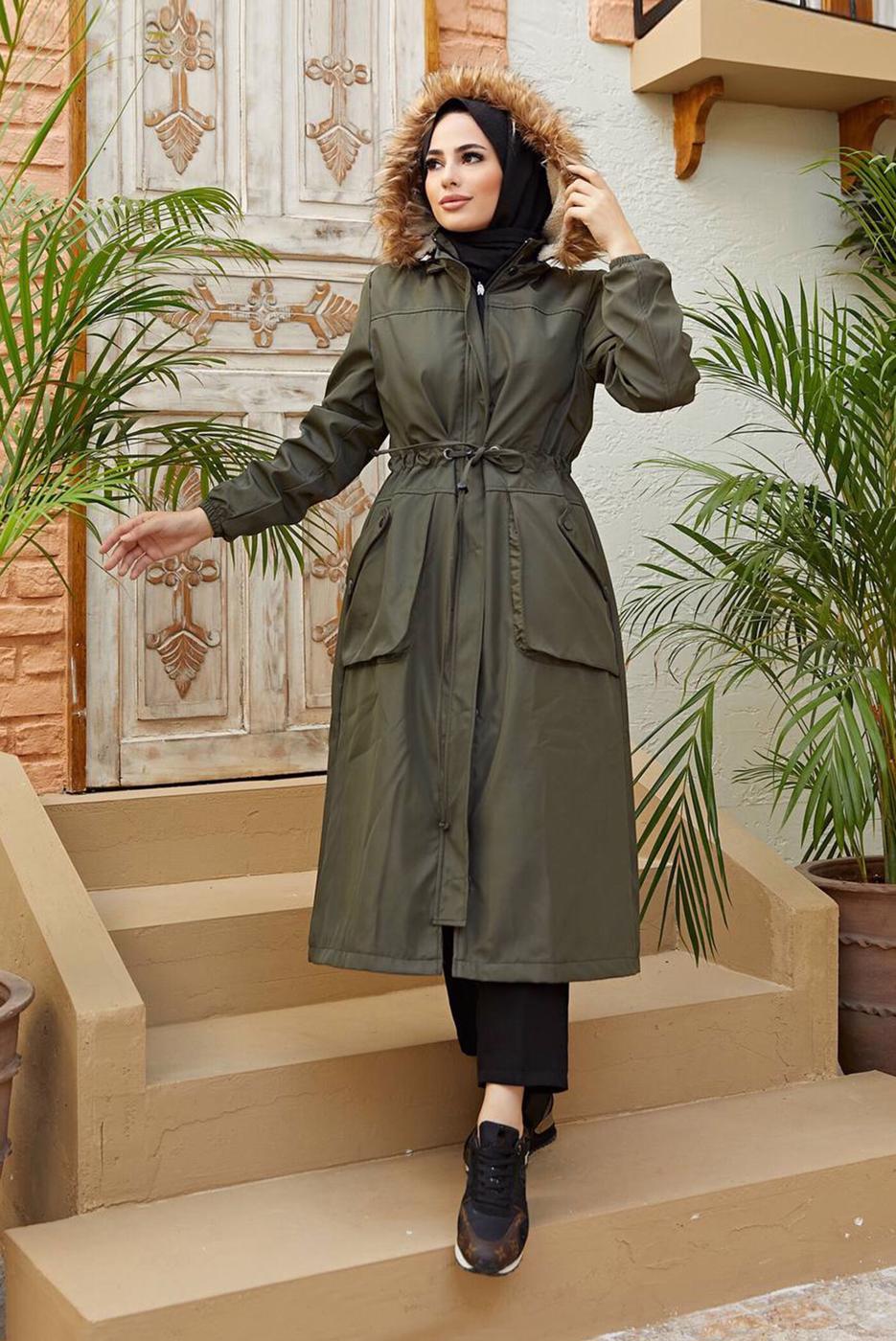 Hijab clothing KHAKI TIE DETAIL HOODED COAT 4472 