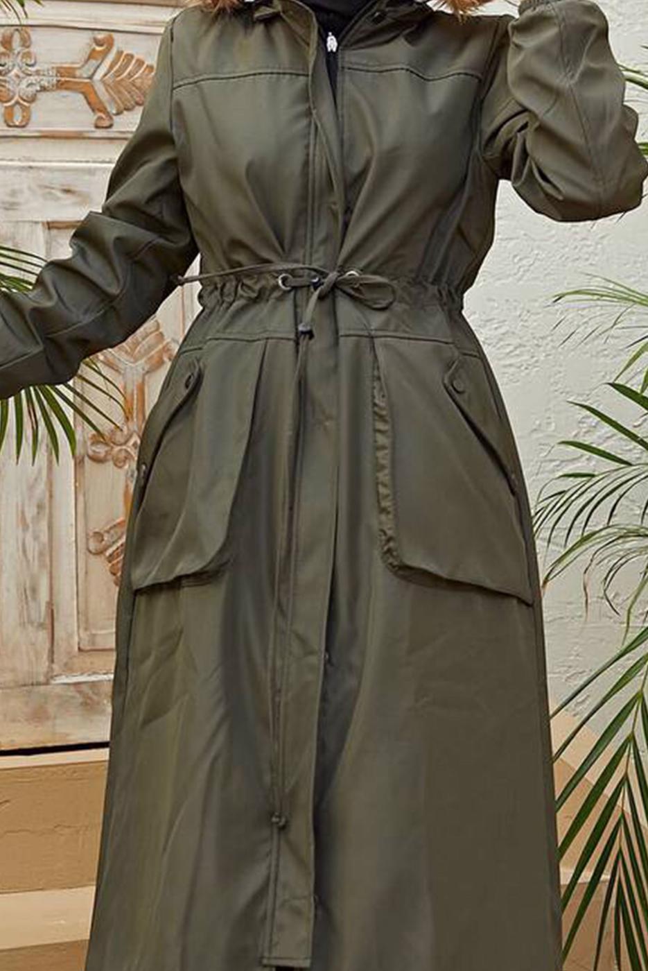 Hijab clothing KHAKI TIE DETAIL HOODED COAT 4472 