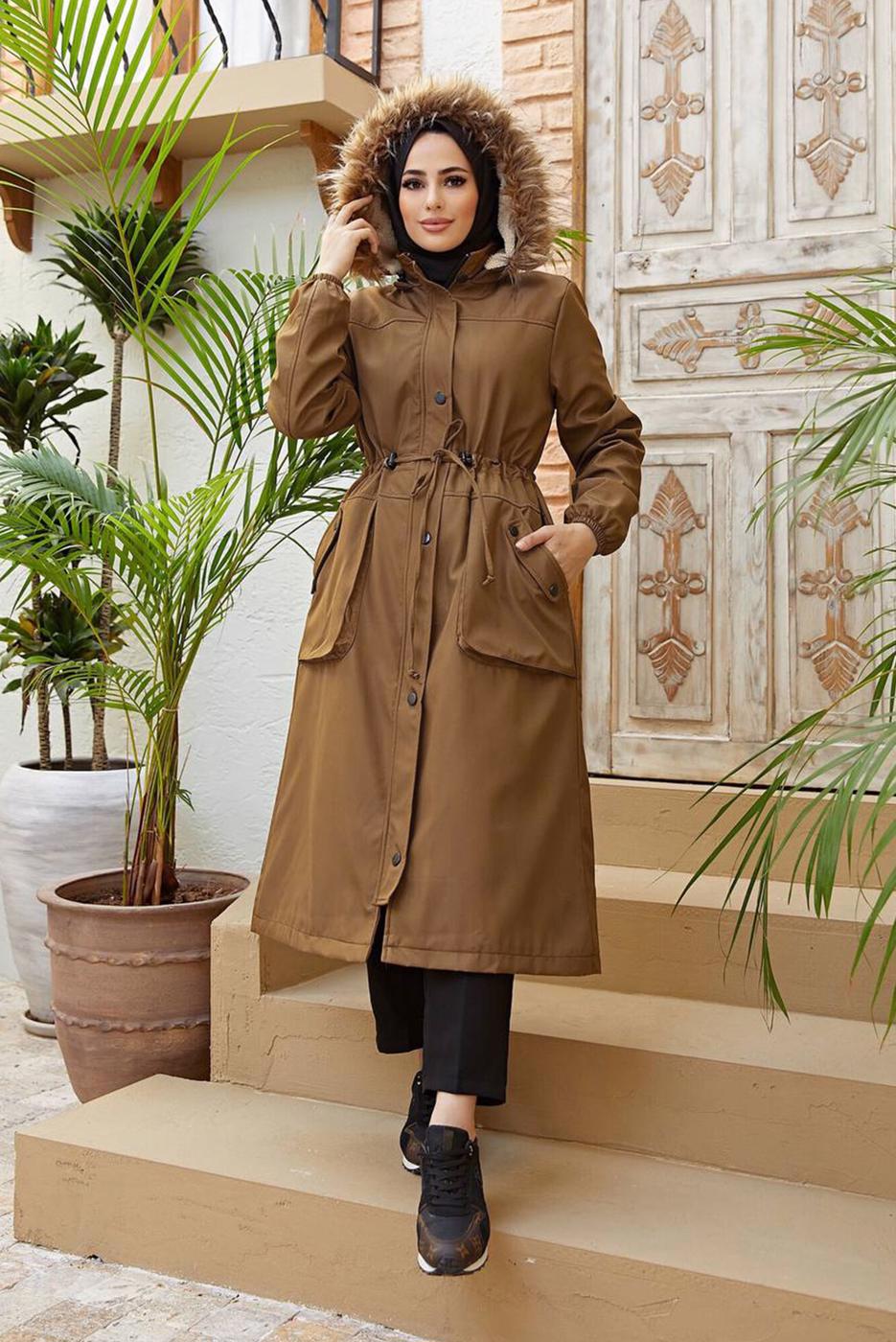 Hijab clothing TABA TIE DETAIL HOODED COAT 4472 