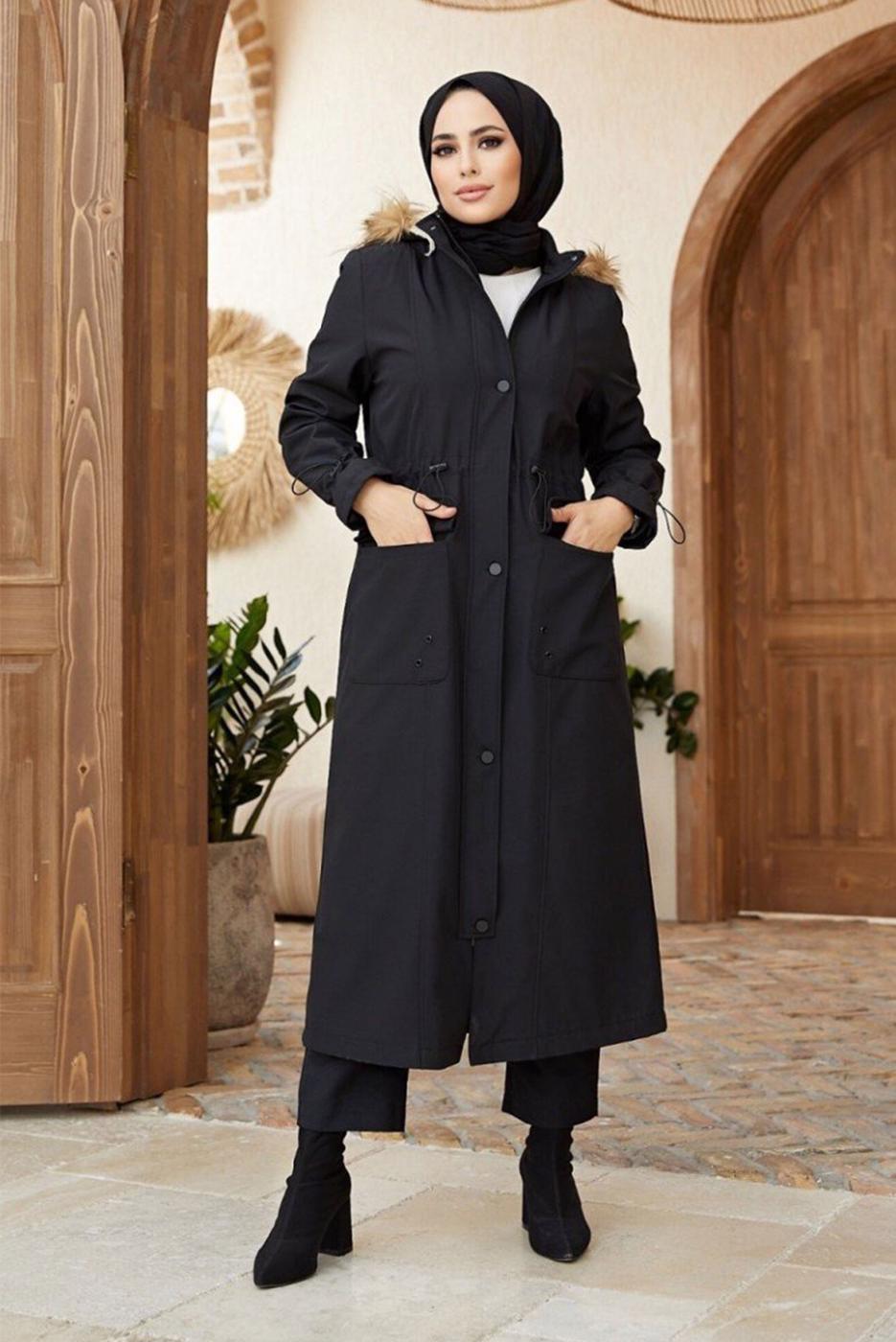 Vêtements hijab NOIR MANTEAU À CAPUCHE AVEC POCHE 5077