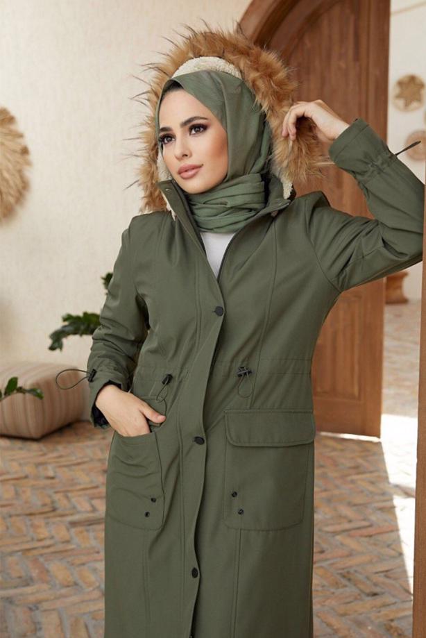Hijab clothing  POCKET DETAIL HOODED COAT 5077  - TRENDTESETTÜR