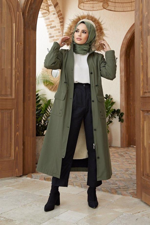 Hijab clothing  POCKET DETAIL HOODED COAT 5077  - TRENDTESETTÜR