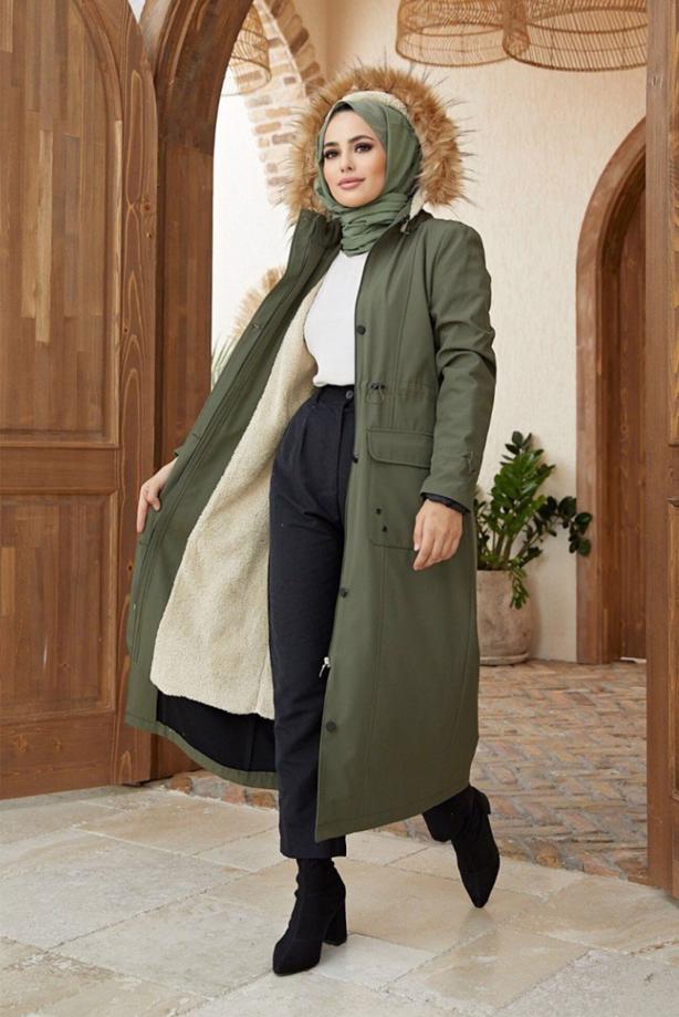 Hijab clothing  POCKET DETAIL HOODED COAT 5077  - TRENDTESETTÜR