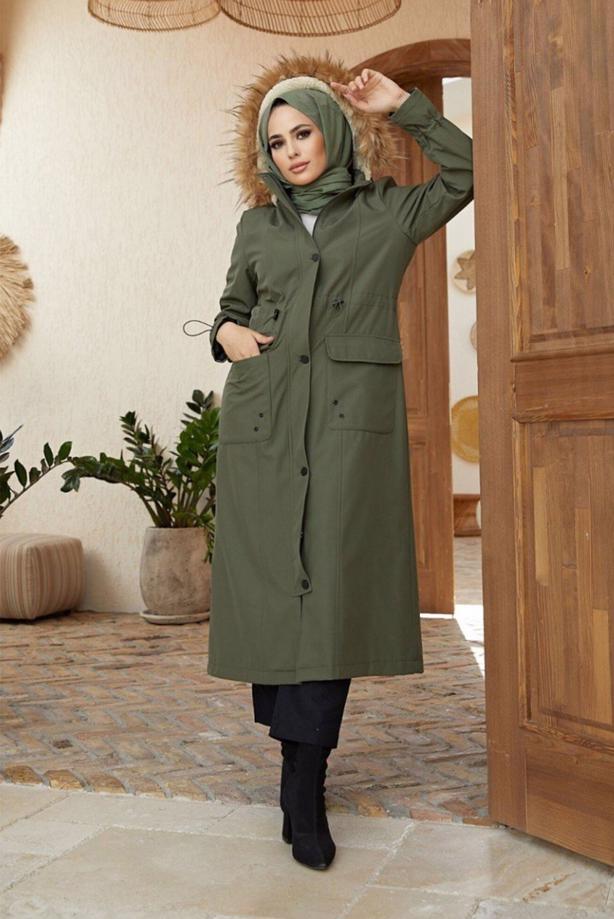 Hijab clothing  POCKET DETAIL HOODED COAT 5077  - TRENDTESETTÜR