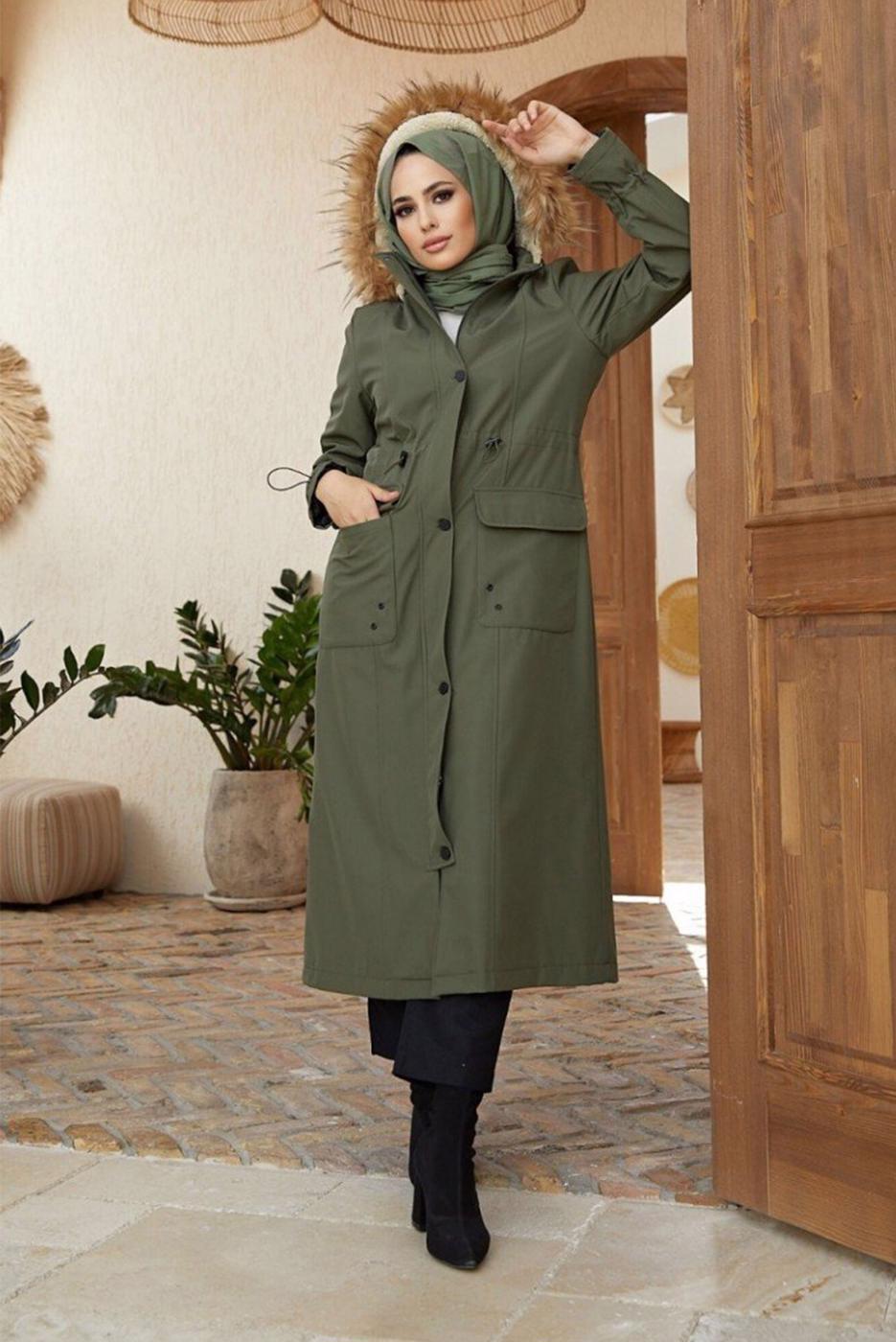 Hijab clothing KHAKI POCKET DETAIL HOODED COAT 5077 