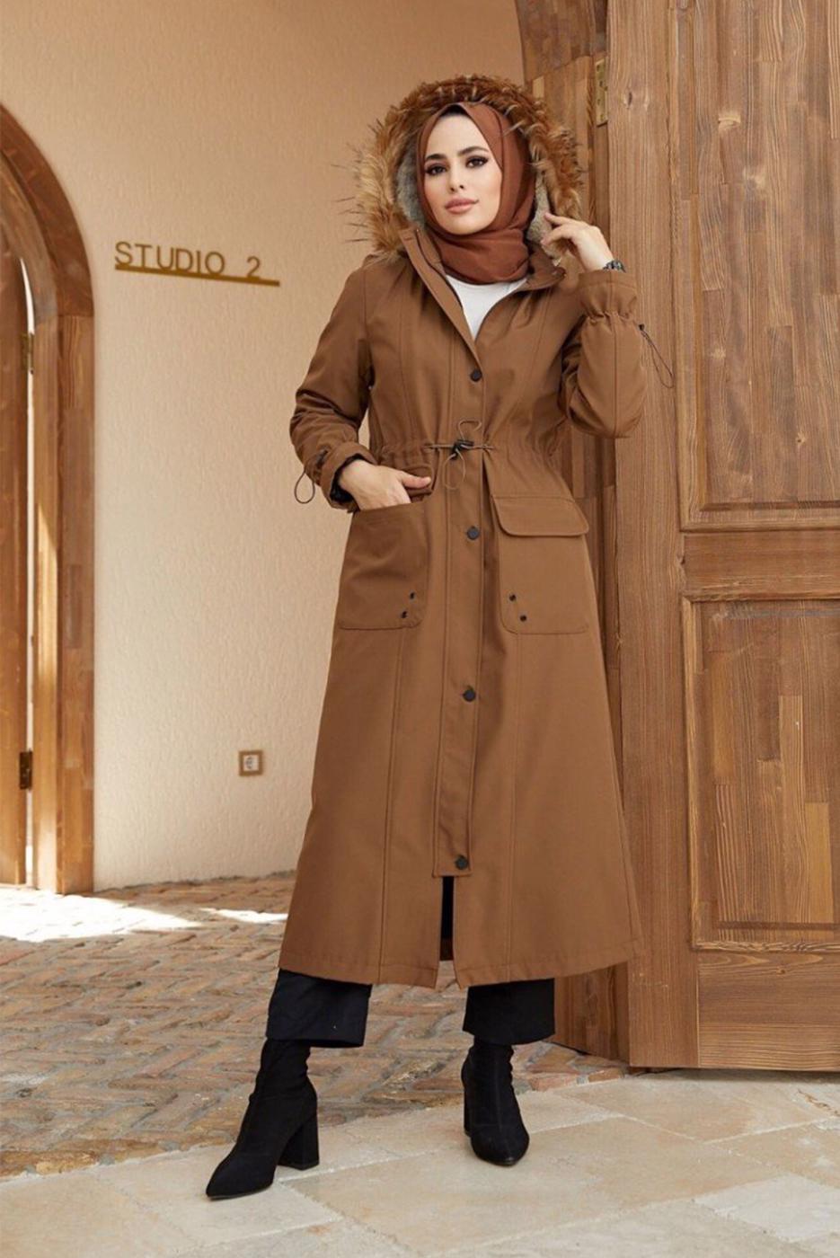 Hijab clothing TABA POCKET DETAIL HOODED COAT 5077 