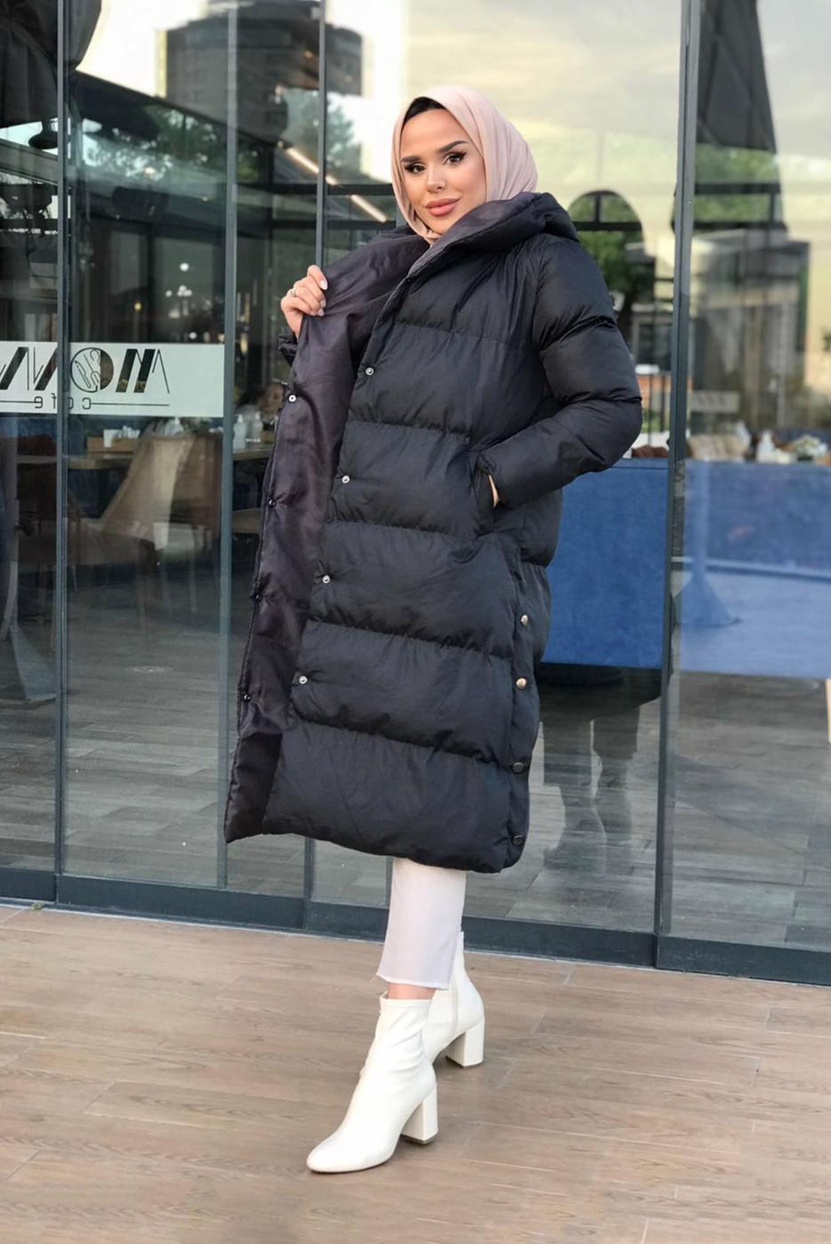 Hijab clothing BLACK HOODED PUFFER JACKET WITH SNAPS 6555 