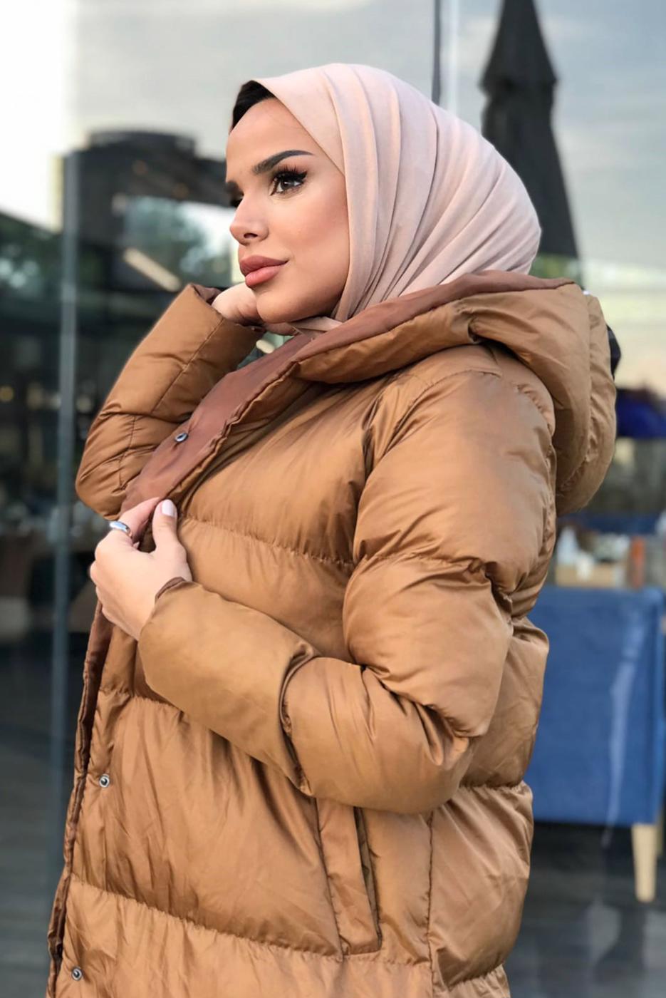 Tesettür giyim TABA KAPÜŞONLU ÇITÇITLI ŞİŞME KABAN 6555 