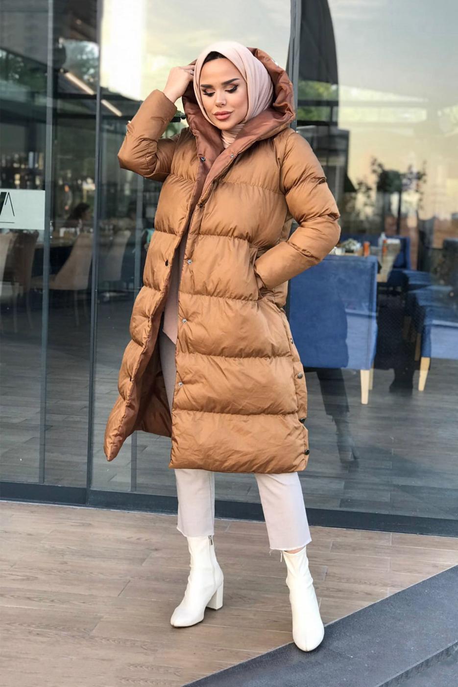 Tesettür giyim TABA KAPÜŞONLU ÇITÇITLI ŞİŞME KABAN 6555 