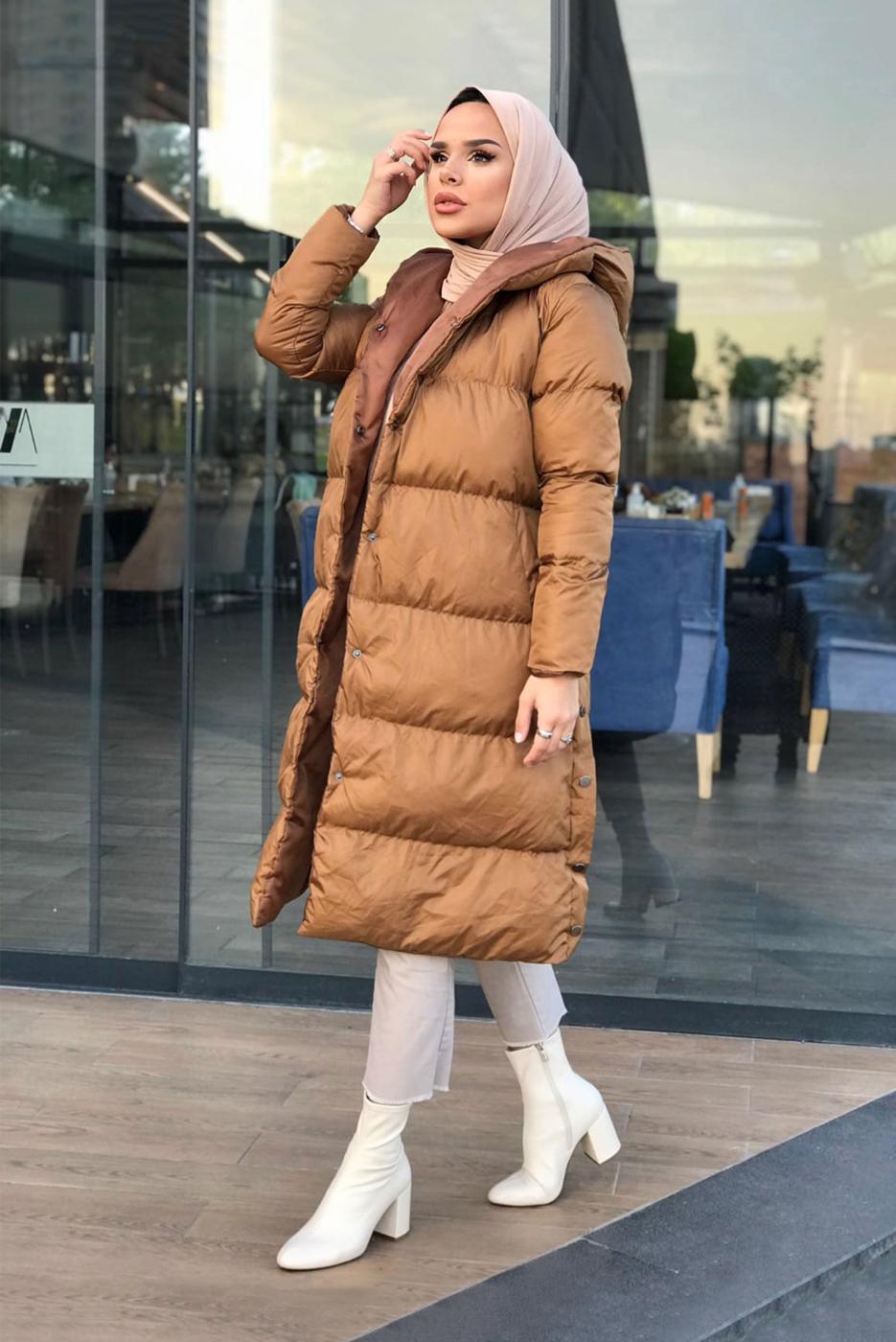 Tesettür giyim TABA KAPÜŞONLU ÇITÇITLI ŞİŞME KABAN 6555 