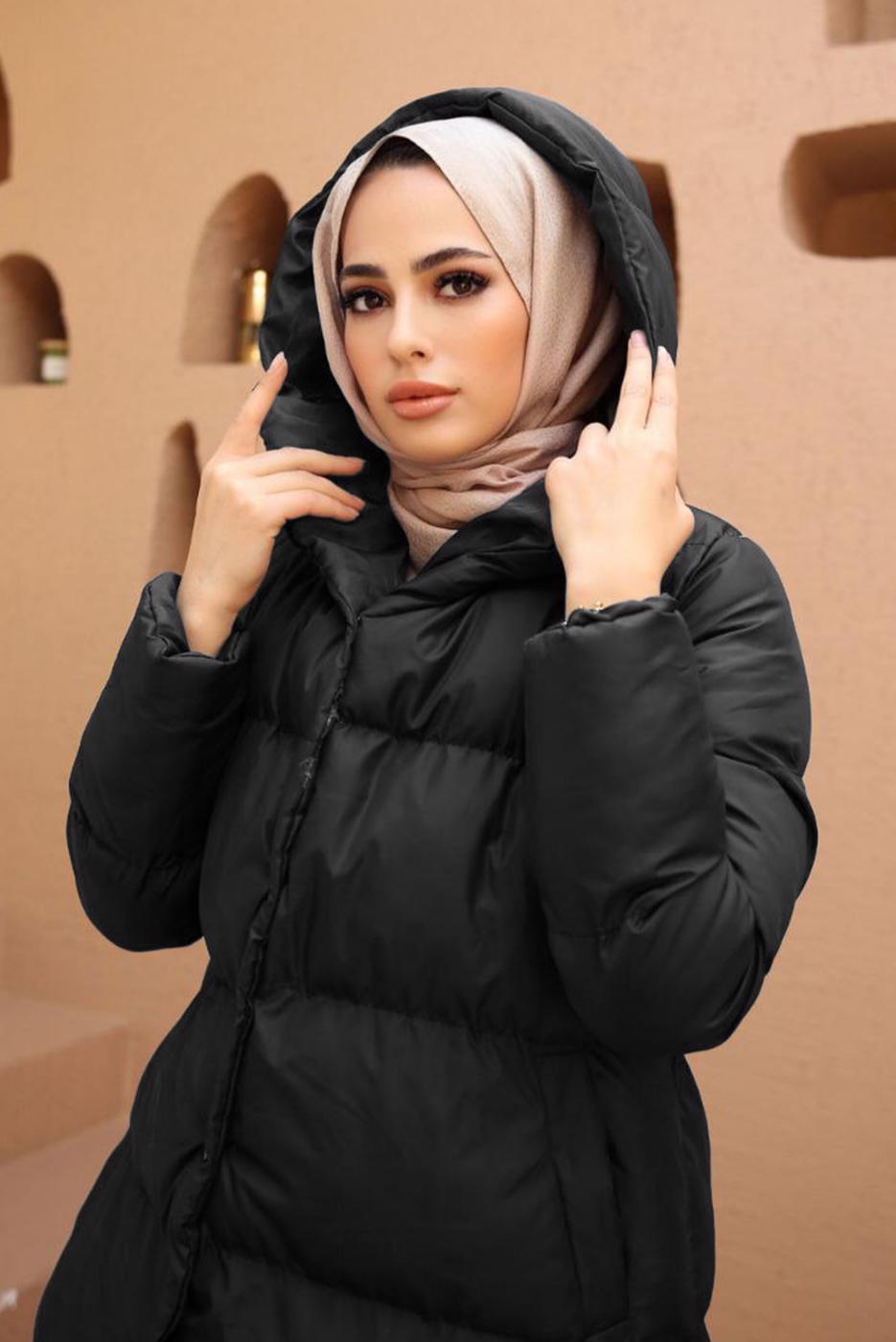 Hijab clothing BLACK HOODED PUFFER COAT WITH SNAP 8503 