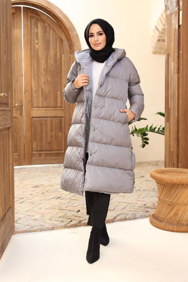 Vêtements hijab  HOODED PUFFER COAT WITH SNAP 8503  - TRENDTESETTÜR