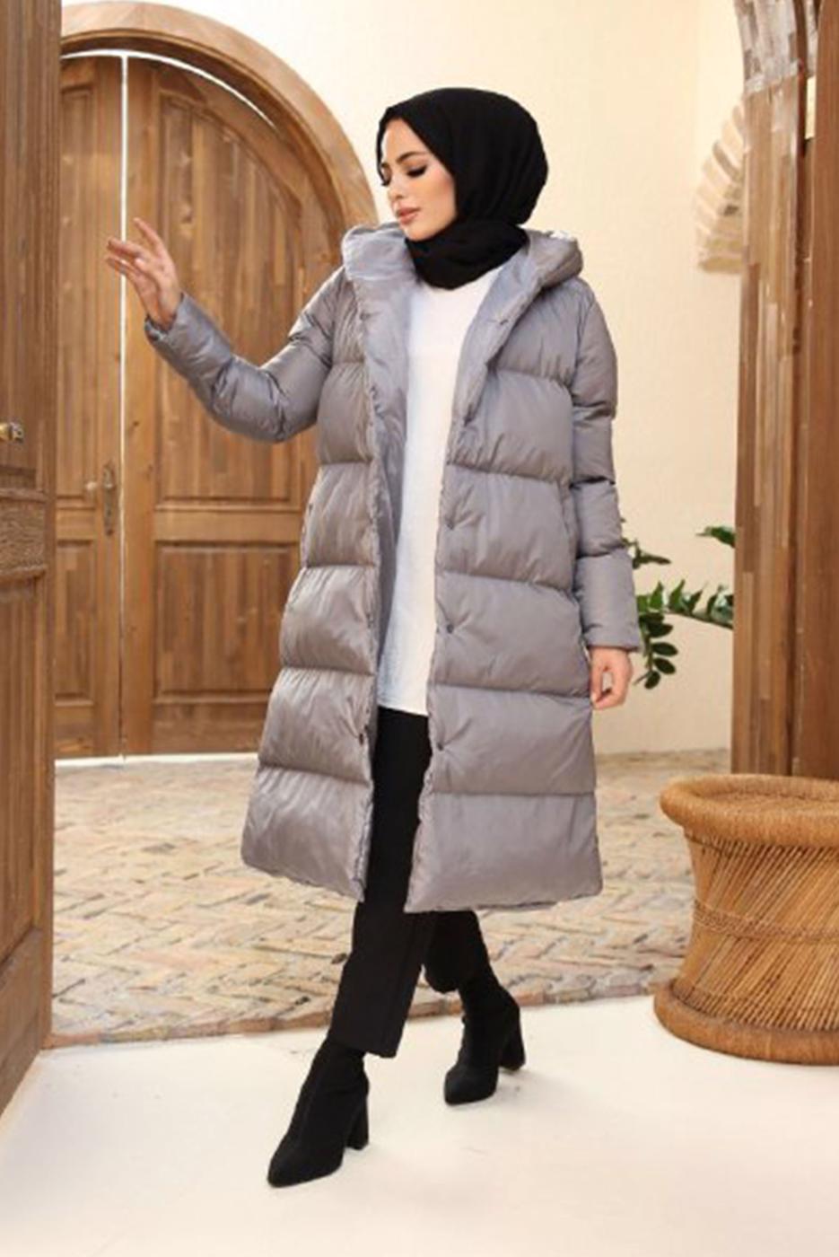 Vêtements hijab GRIS MANTEAU MATELASSÉ À CAPUCHE AVEC PRESSION 8503