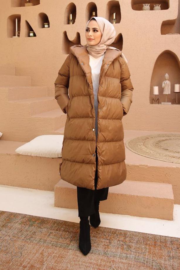 Vêtements hijab  HOODED PUFFER COAT WITH SNAP 8503  - TRENDTESETTÜR