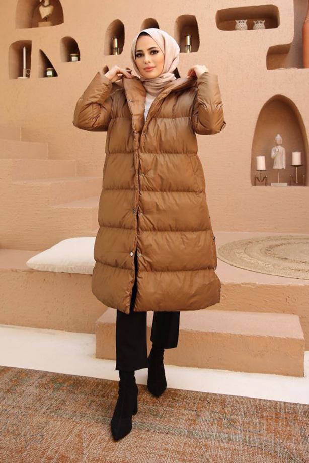 Vêtements hijab  HOODED PUFFER COAT WITH SNAP 8503  - TRENDTESETTÜR