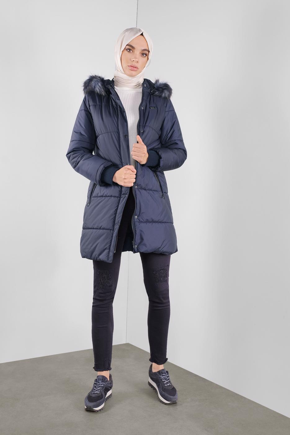 Hijab clothing NAVY BLUE HOODED ZIPPERED PUFFER JACKET 90107 
