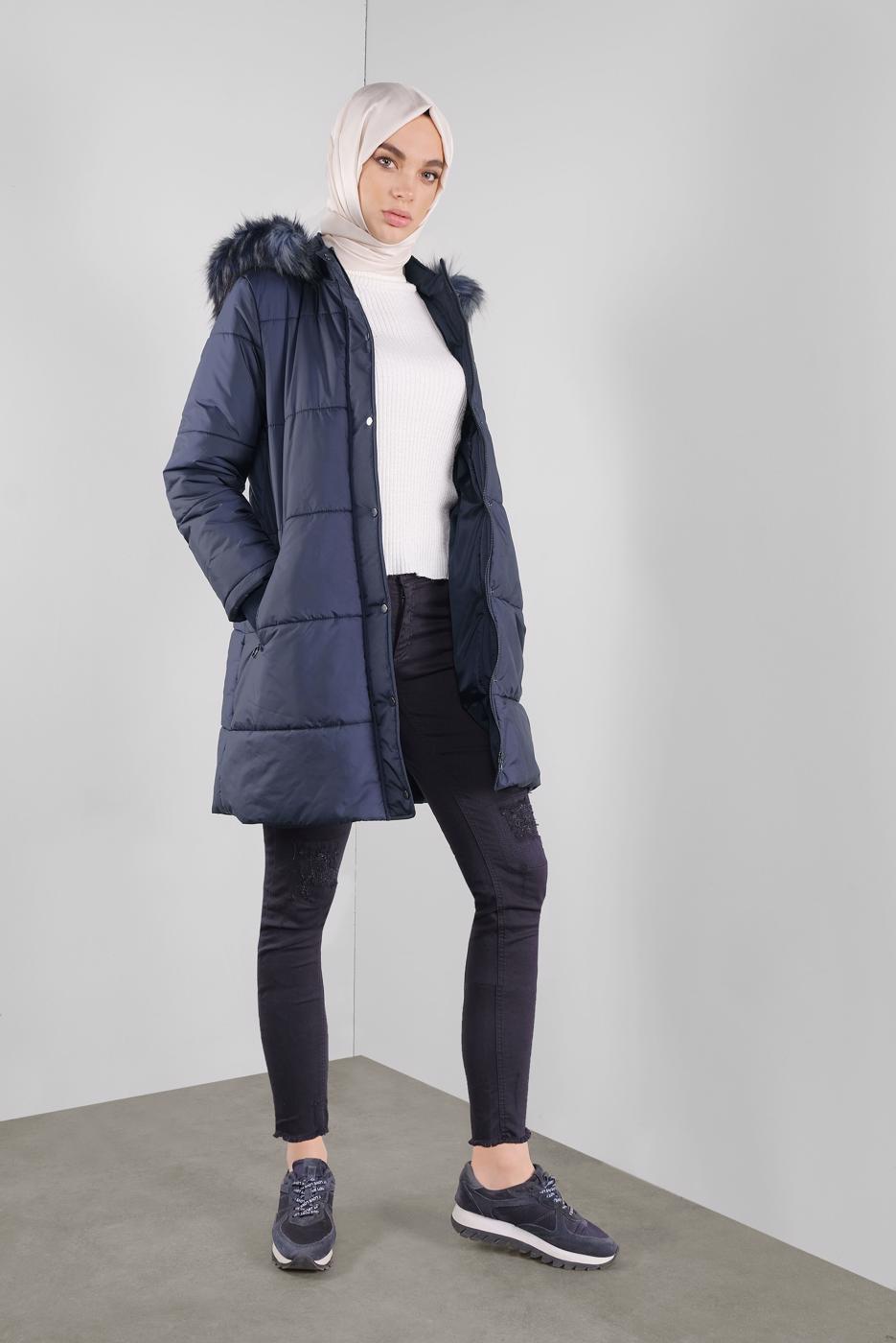 Hijab clothing NAVY BLUE HOODED ZIPPERED PUFFER JACKET 90107 