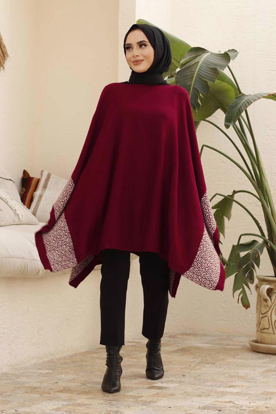 Tesettür giyim BORDO LEOPAR DESEN DETAYLI PANÇO T 00001 