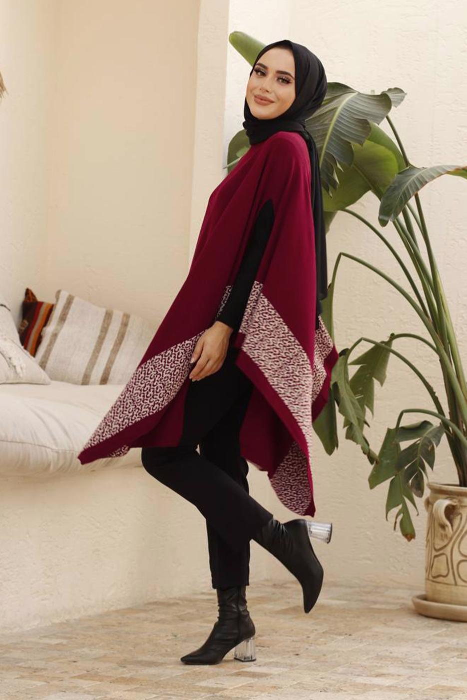 Tesettür giyim BORDO LEOPAR DESEN DETAYLI PANÇO T 00001 