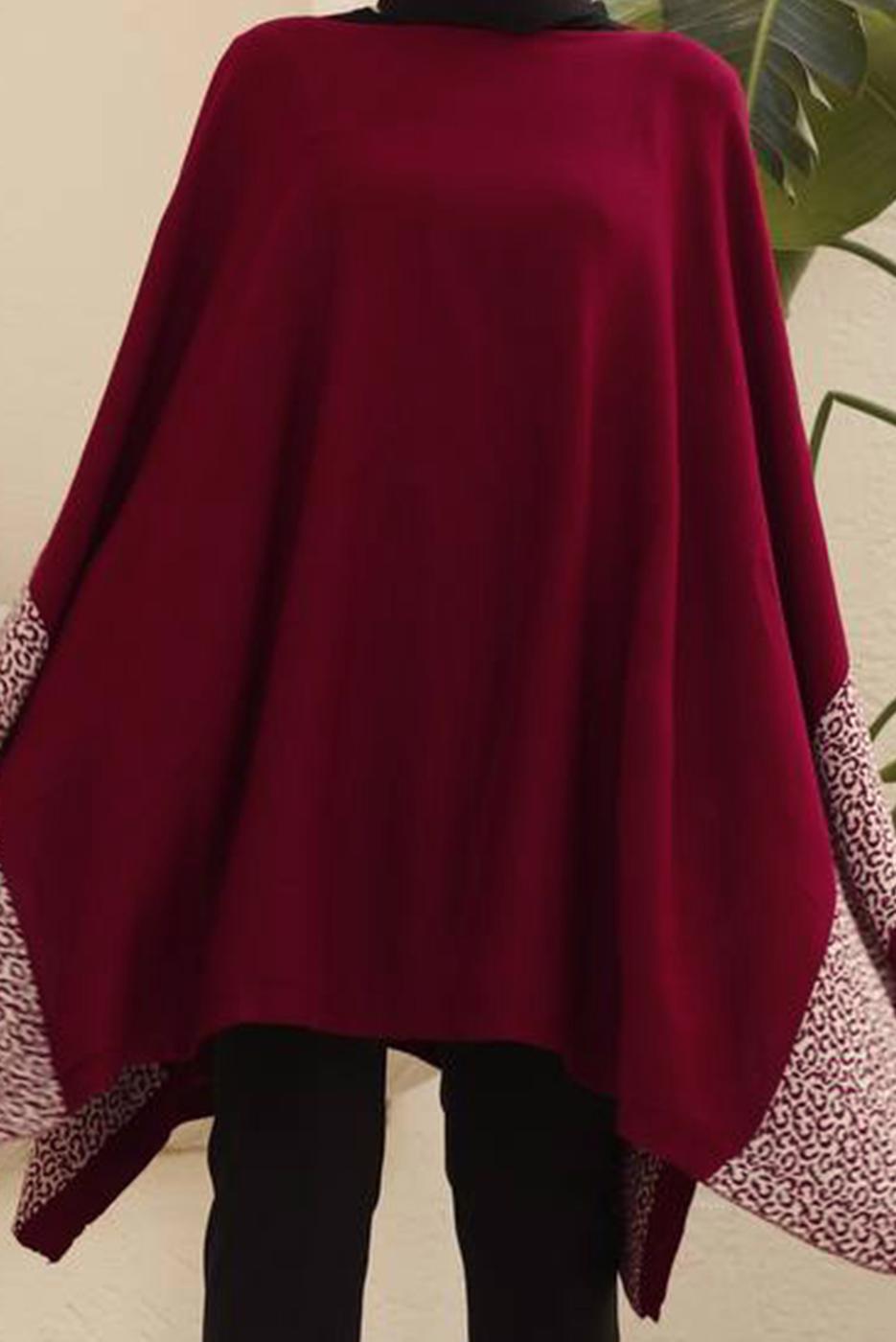 Tesettür giyim BORDO LEOPAR DESEN DETAYLI PANÇO T 00001 