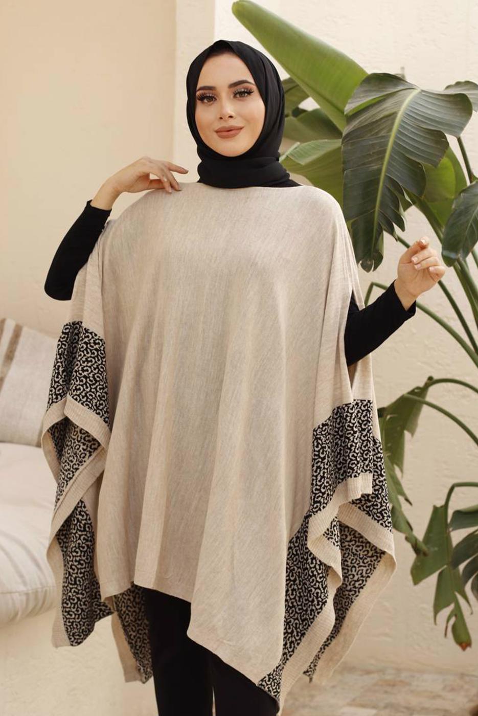 Tesettür giyim BEJ LEOPAR DESEN DETAYLI PANÇO T 00001 