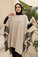 Tesettür giyim BEJ LEOPAR DESEN DETAYLI PANÇO T 00001 
