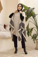 Tesettür giyim BEJ LEOPAR DESEN DETAYLI PANÇO T 00001 