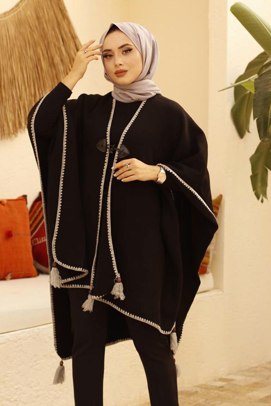 Vêtements hijab NOIR PONCHO DÉTAIL FRANGE 10001