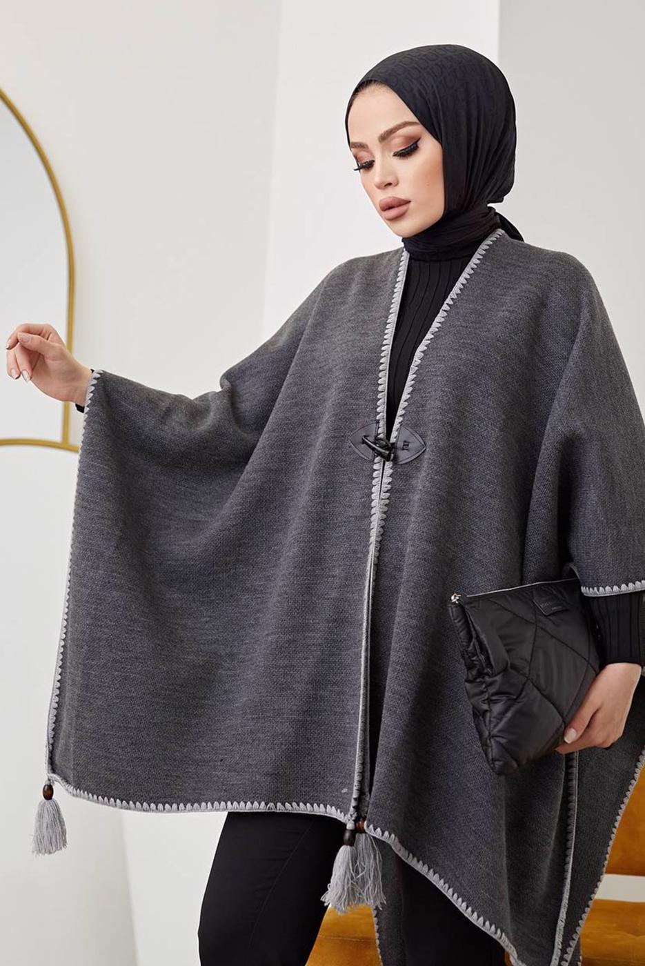 Vêtements hijab GRIS PONCHO DÉTAIL FRANGE 10001