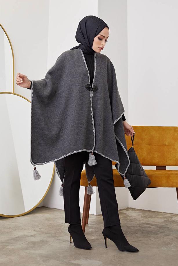 Vêtements hijab  FRINGE DETAIL PONCHO 10001  - TRENDTESETTÜR