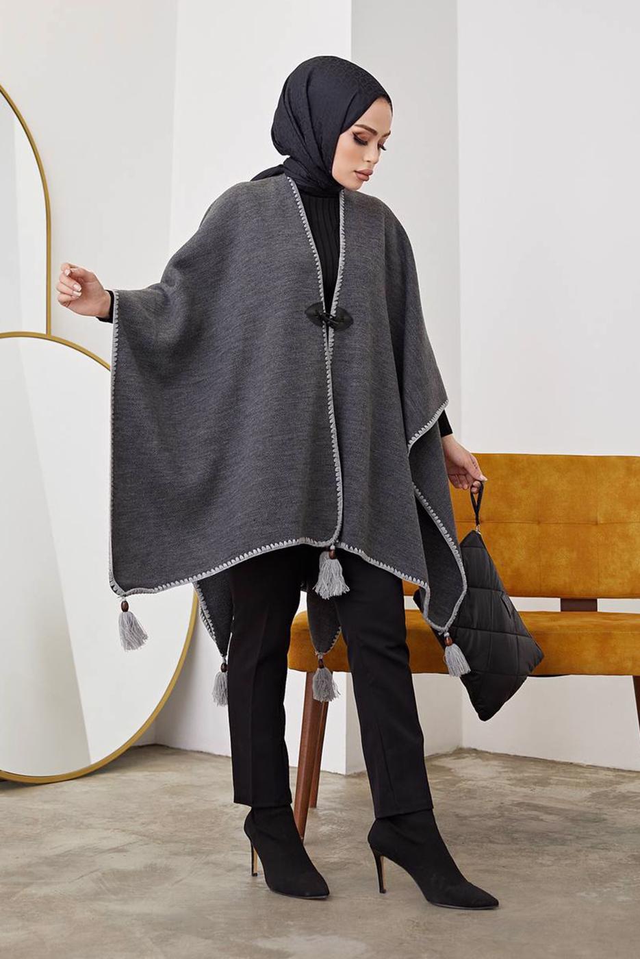 Vêtements hijab GRIS PONCHO DÉTAIL FRANGE 10001
