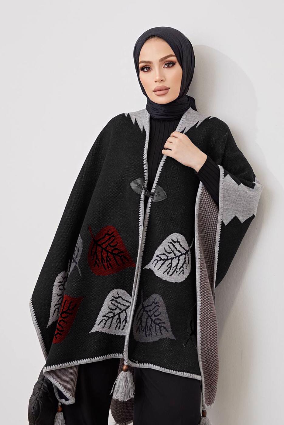 Vêtements hijab NOIR PONCHO MOTIF FEUILLE 20001