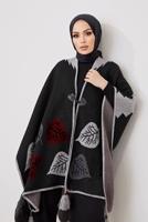 Vêtements hijab NOIR PONCHO MOTIF FEUILLE 20001