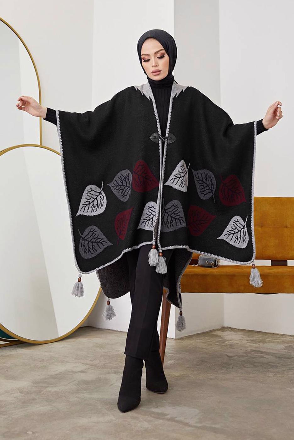 Vêtements hijab NOIR PONCHO MOTIF FEUILLE 20001