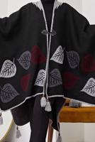 Vêtements hijab NOIR PONCHO MOTIF FEUILLE 20001