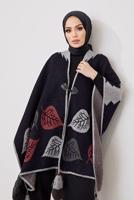 Vêtements hijab BLEU MARINE PONCHO MOTIF FEUILLE 20001