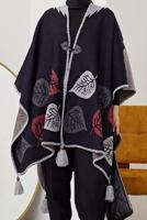 Vêtements hijab BLEU MARINE PONCHO MOTIF FEUILLE 20001