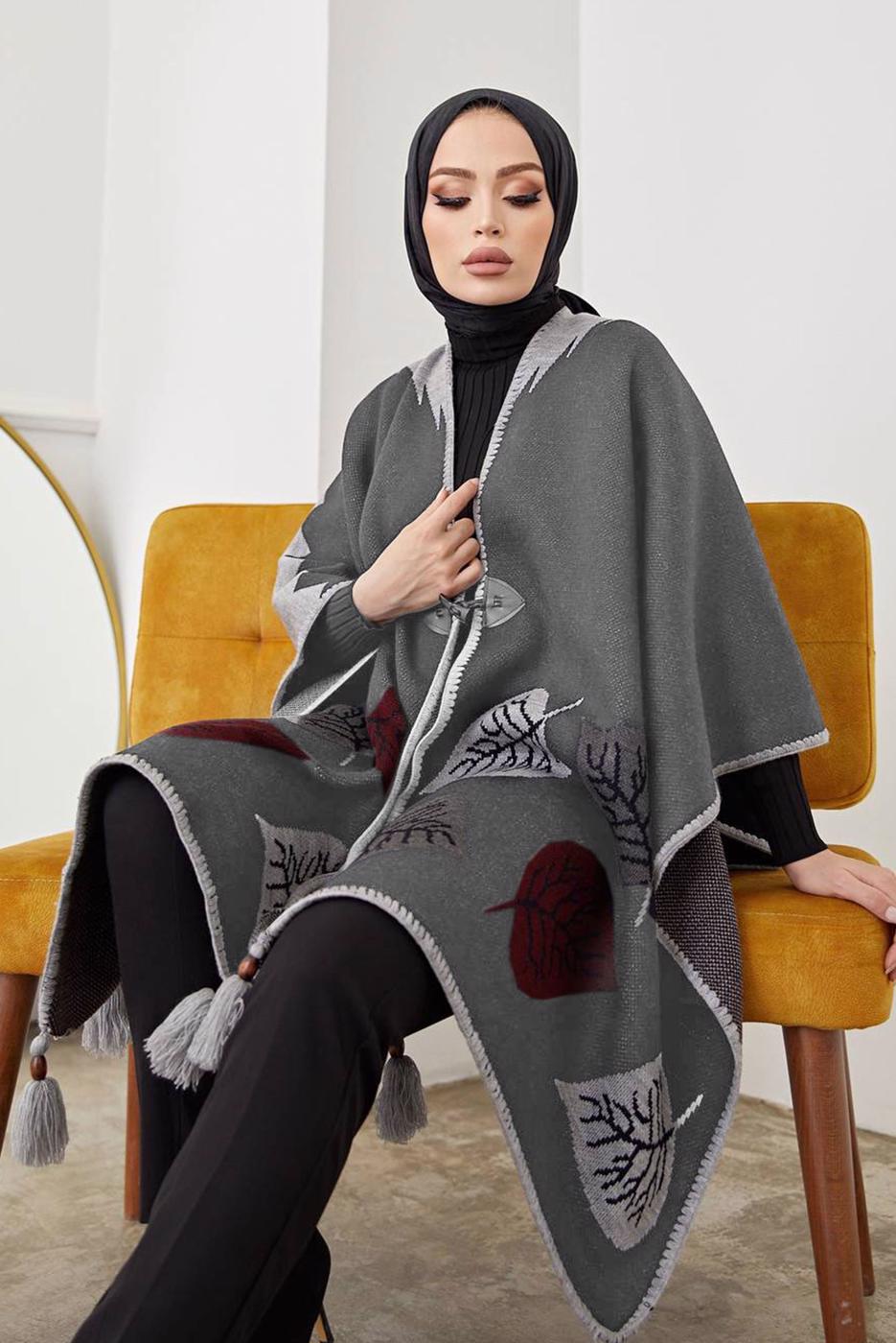 Vêtements hijab GRIS PONCHO MOTIF FEUILLE 20001