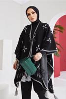 Tesettür giyim SİYAH PÜSKÜL DETAYLI YAZI BASKILI DESENLİ PANÇO 20002 