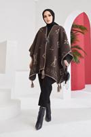 Tesettür giyim KAHVE PÜSKÜL DETAYLI YAZI BASKILI DESENLİ PANÇO 20002 