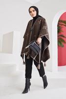 Tesettür giyim KAHVE PÜSKÜL DETAYLI YAZI BASKILI DESENLİ PANÇO 20002 