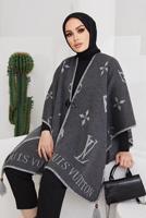 Tesettür giyim GRİ PÜSKÜL DETAYLI YAZI BASKILI DESENLİ PANÇO 20002 