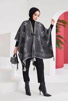 Tesettür giyim GRİ PÜSKÜL DETAYLI YAZI BASKILI DESENLİ PANÇO 20002 