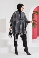 Tesettür giyim GRİ PÜSKÜL DETAYLI YAZI BASKILI DESENLİ PANÇO 20002 