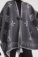 Tesettür giyim GRİ PÜSKÜL DETAYLI YAZI BASKILI DESENLİ PANÇO 20002 