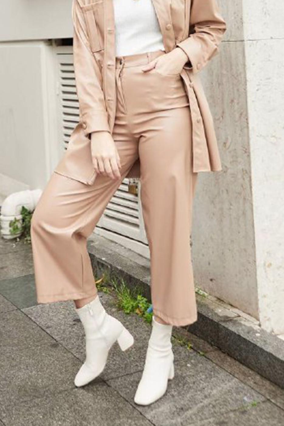 Hijab clothing BROWN WIDE CUT FAUX LEATHER TROUSERS 3720 