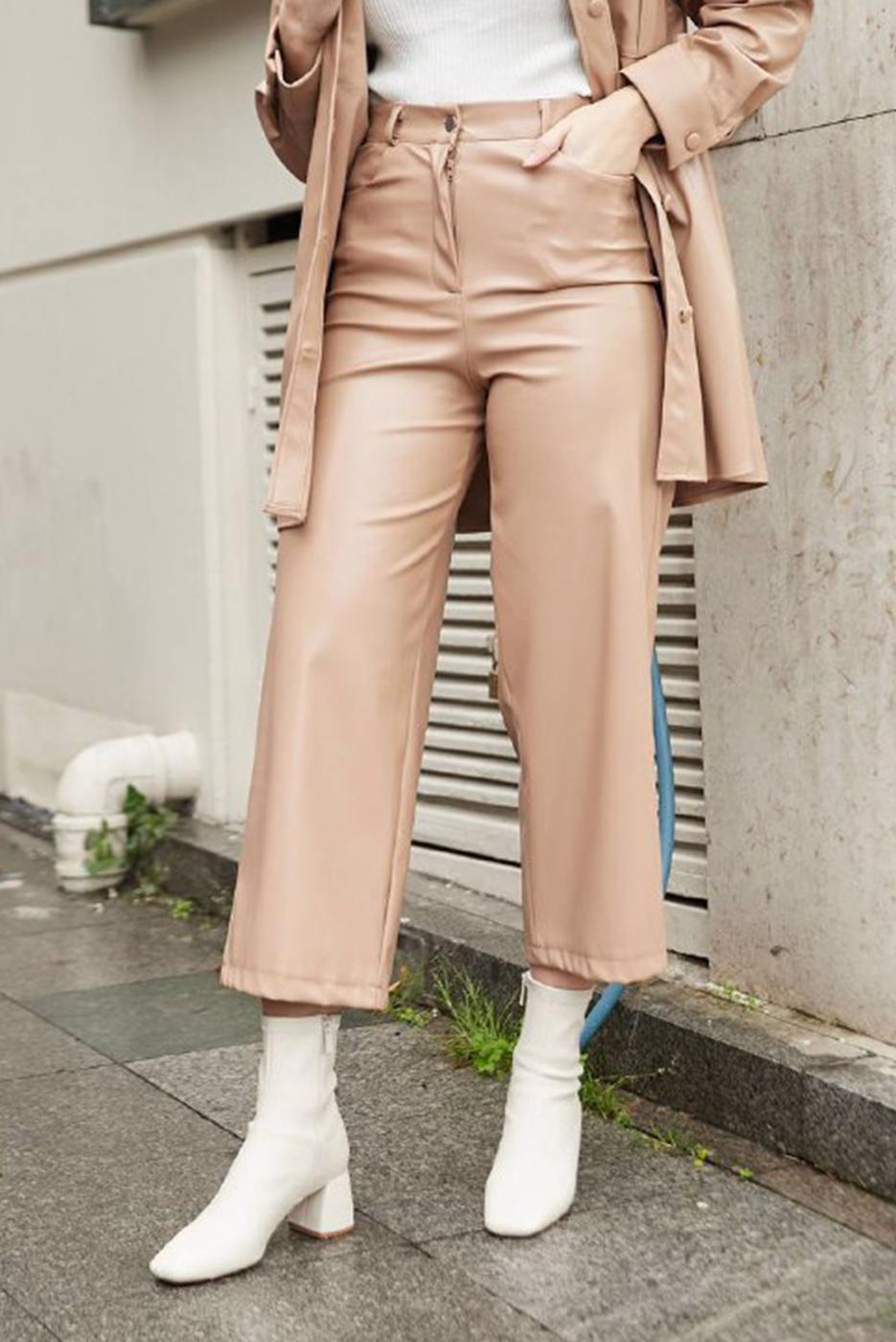 Hijab clothing BROWN WIDE CUT FAUX LEATHER TROUSERS 3720 